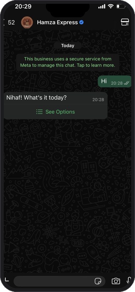 Customer says Hi, bot replies with greeting