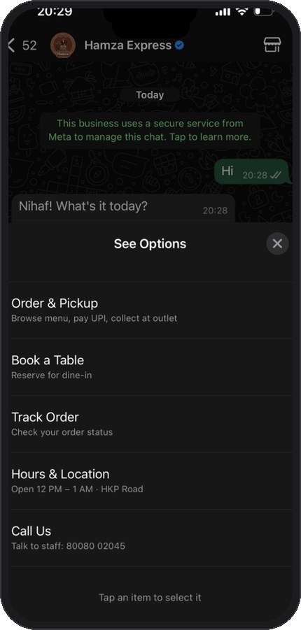 WhatsApp menu options — Order, Book Table, Track, Hours